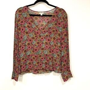 J. Jill Womens Floral Long Sleeve Rayon Blouse S V-Neck Boho Artsy Romantic Top